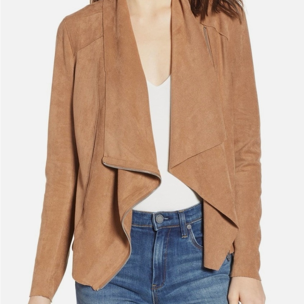 BlankNYC Womens Faux Suede Drape Front Moto Jacket Full Zip Camel Brown Size XL